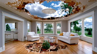 Surreal Living Room With Ceiling And Floor Holes
