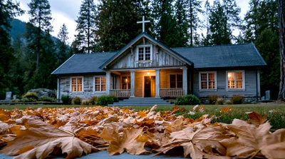 Small Wooden Church Building Surrounded By Autumn Leaves