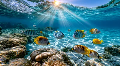 Tropical Fish Swimming Over A Shallow Coral Reef