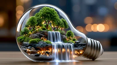 Miniature Waterfall Landscape Inside A Glass Light Bulb