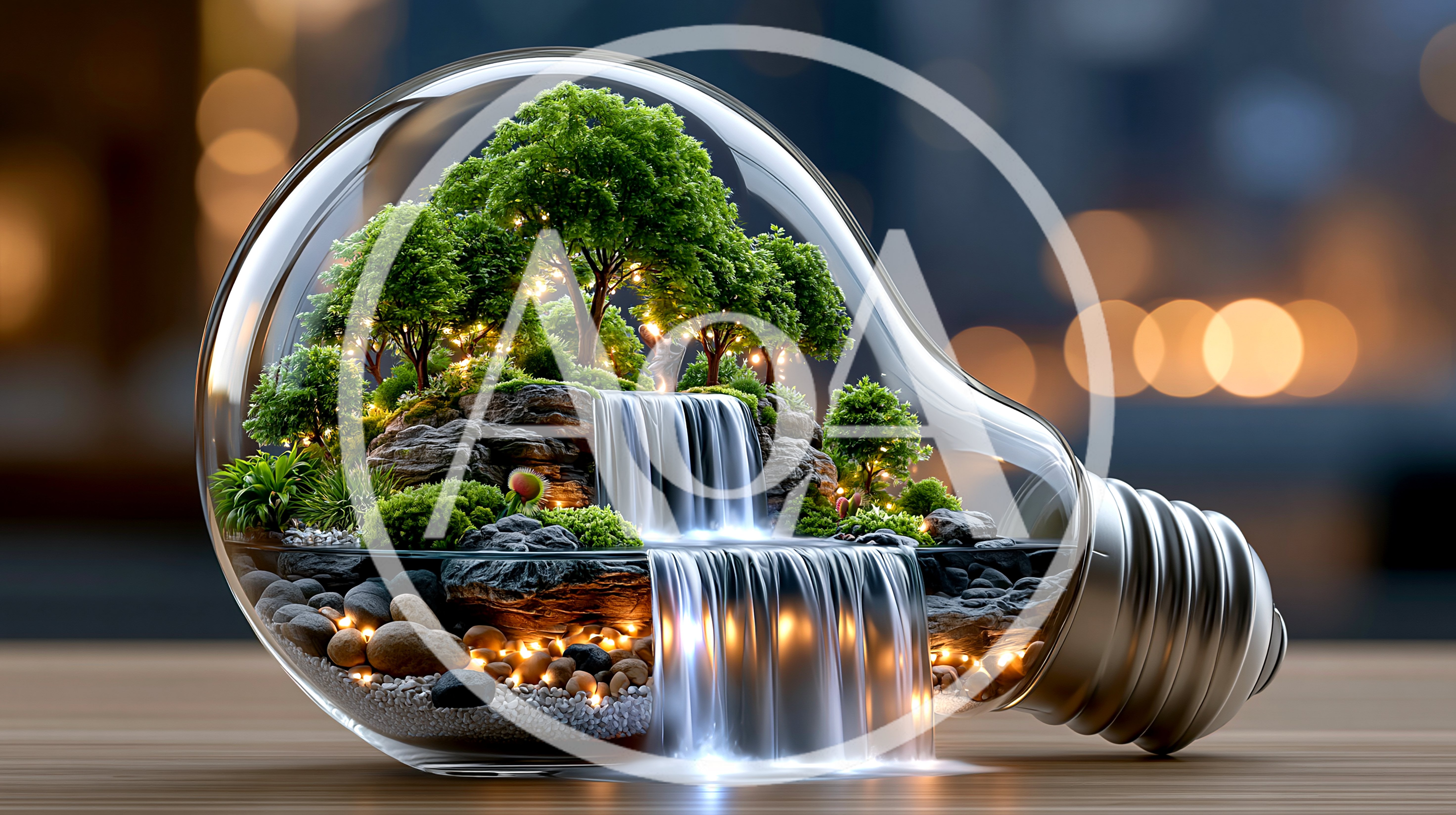 Miniature Waterfall Landscape Inside A Glass Light Bulb