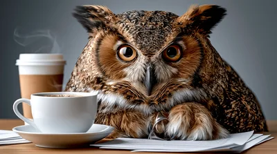 Great Horned Owl Working At A Desk