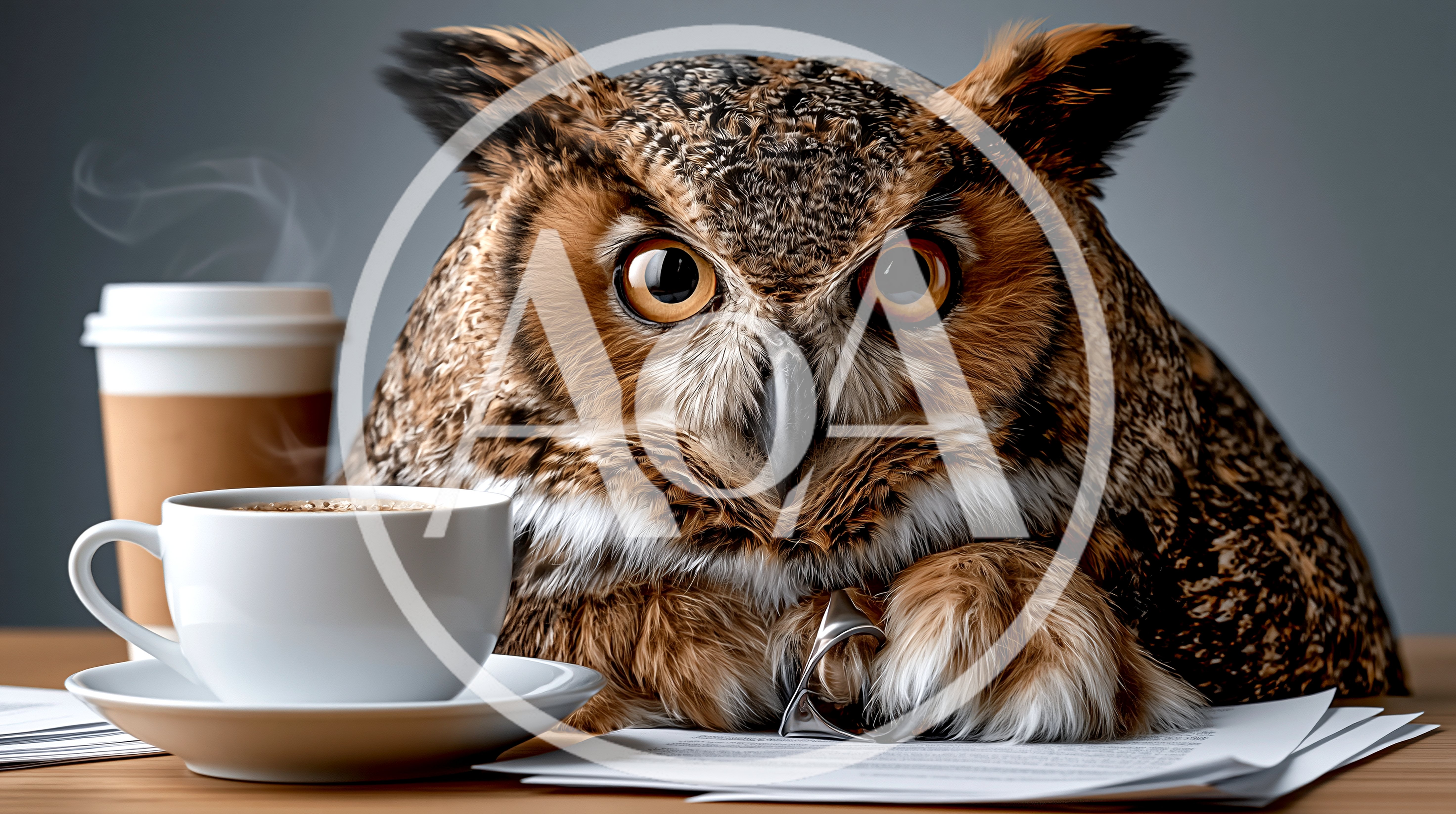 Great Horned Owl Working At A Desk