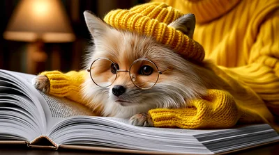 Cute Fox Wearing Glasses And Sweater Reading A Book