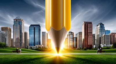 Giant Yellow Pencil Touching Ground In City Park