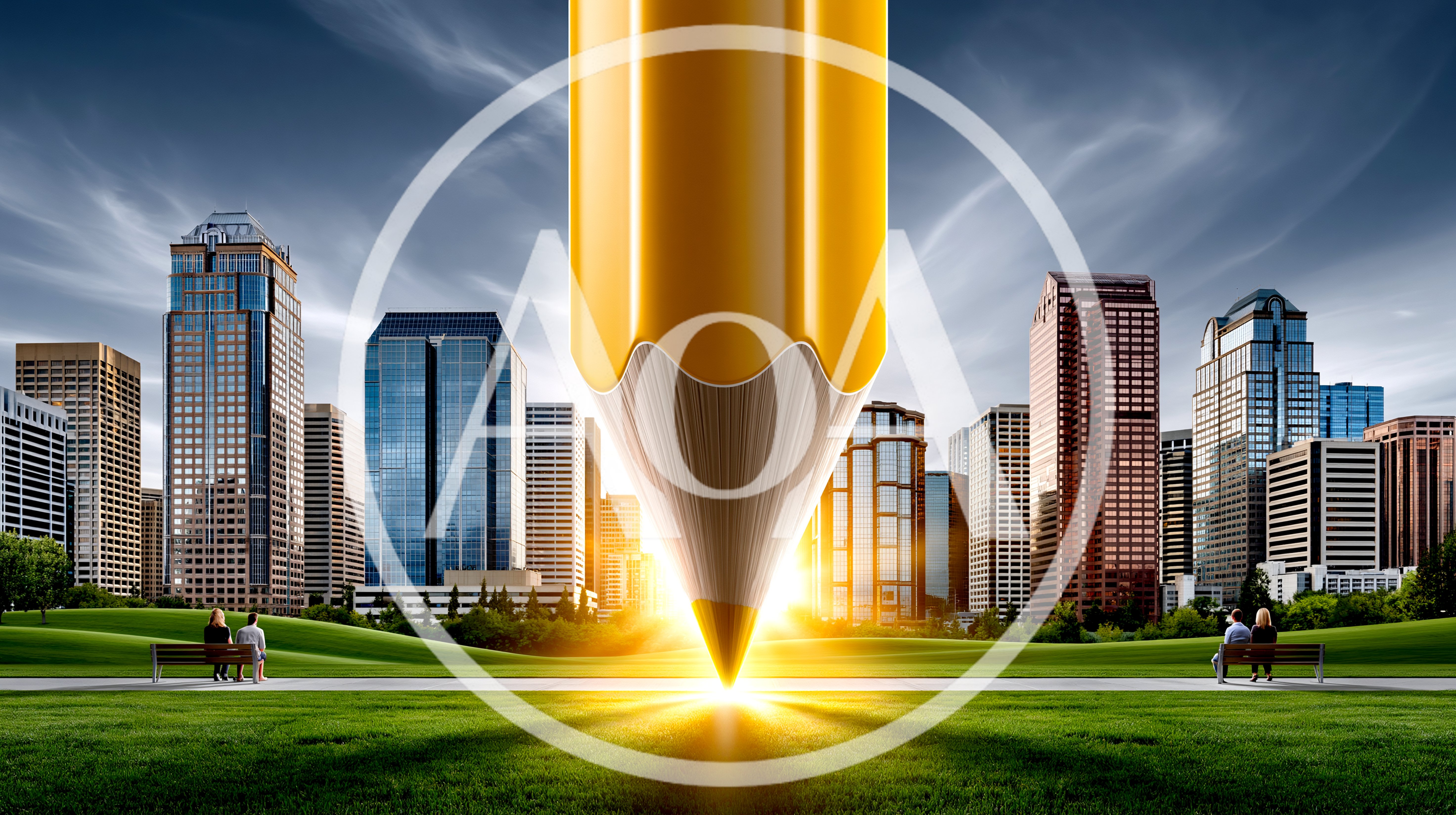 Giant Yellow Pencil Touching Ground In City Park