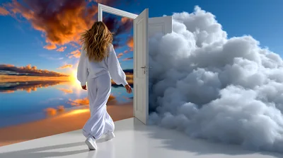 Woman Walking Through Doorway Into Surreal Dreamscape