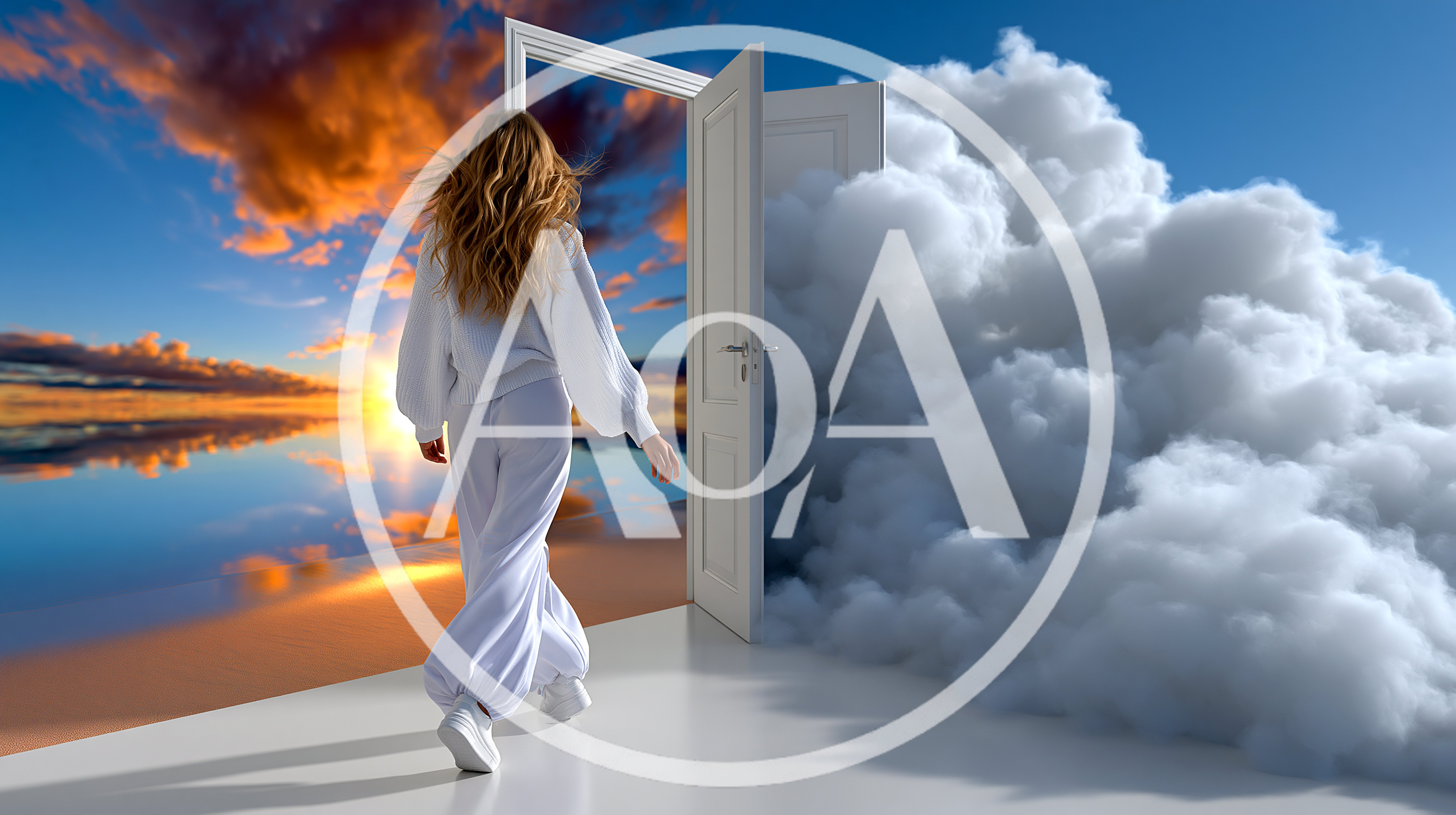 Woman Walking Through Doorway Into Surreal Dreamscape