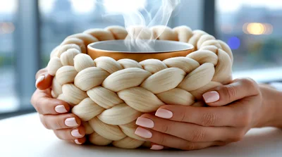 Woman Holding A Warm Braided Wool Mug Cozy