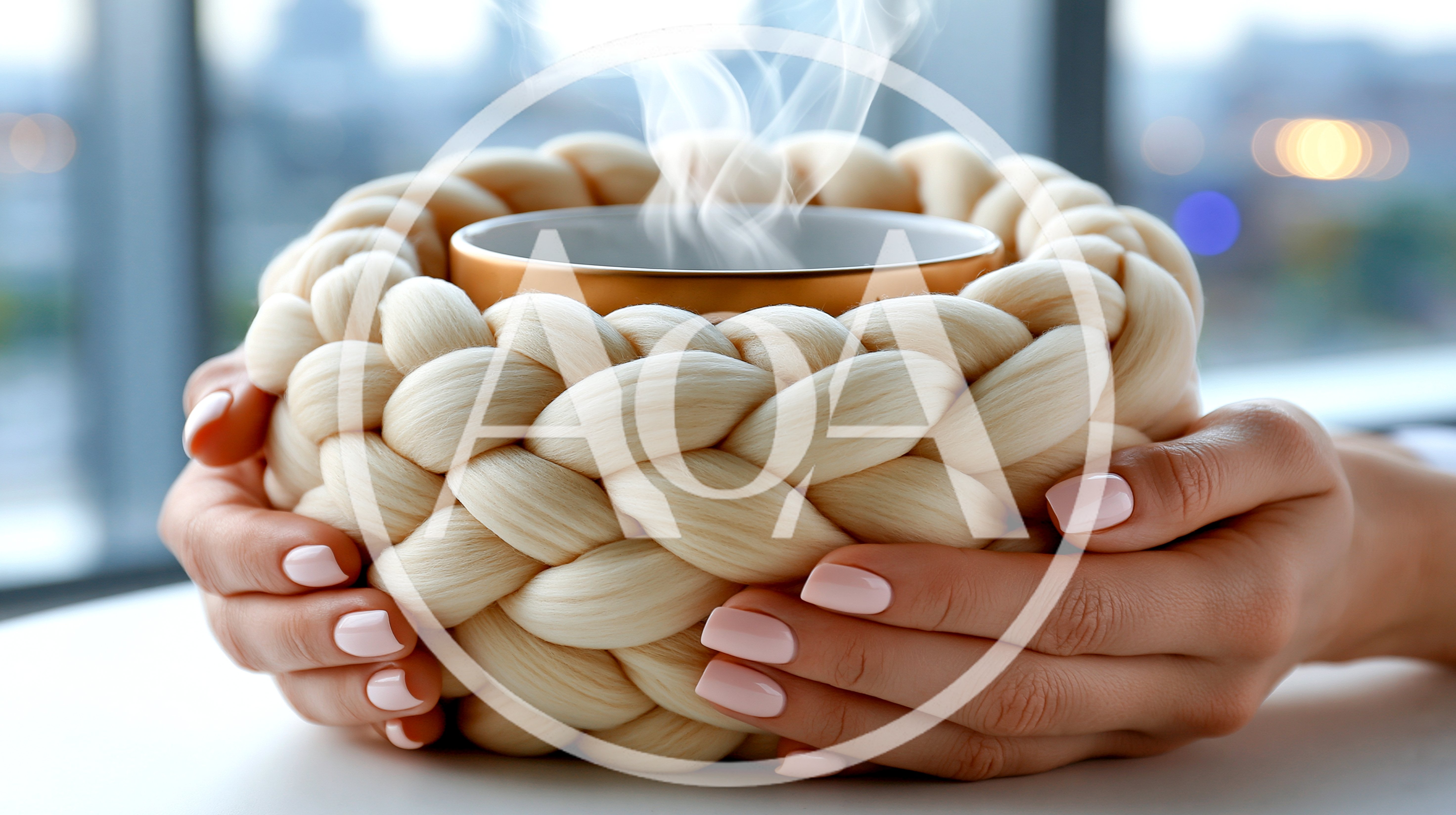 Woman Holding A Warm Braided Wool Mug Cozy