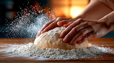 Hands Kneading Dough On A Floured Wooden Surface