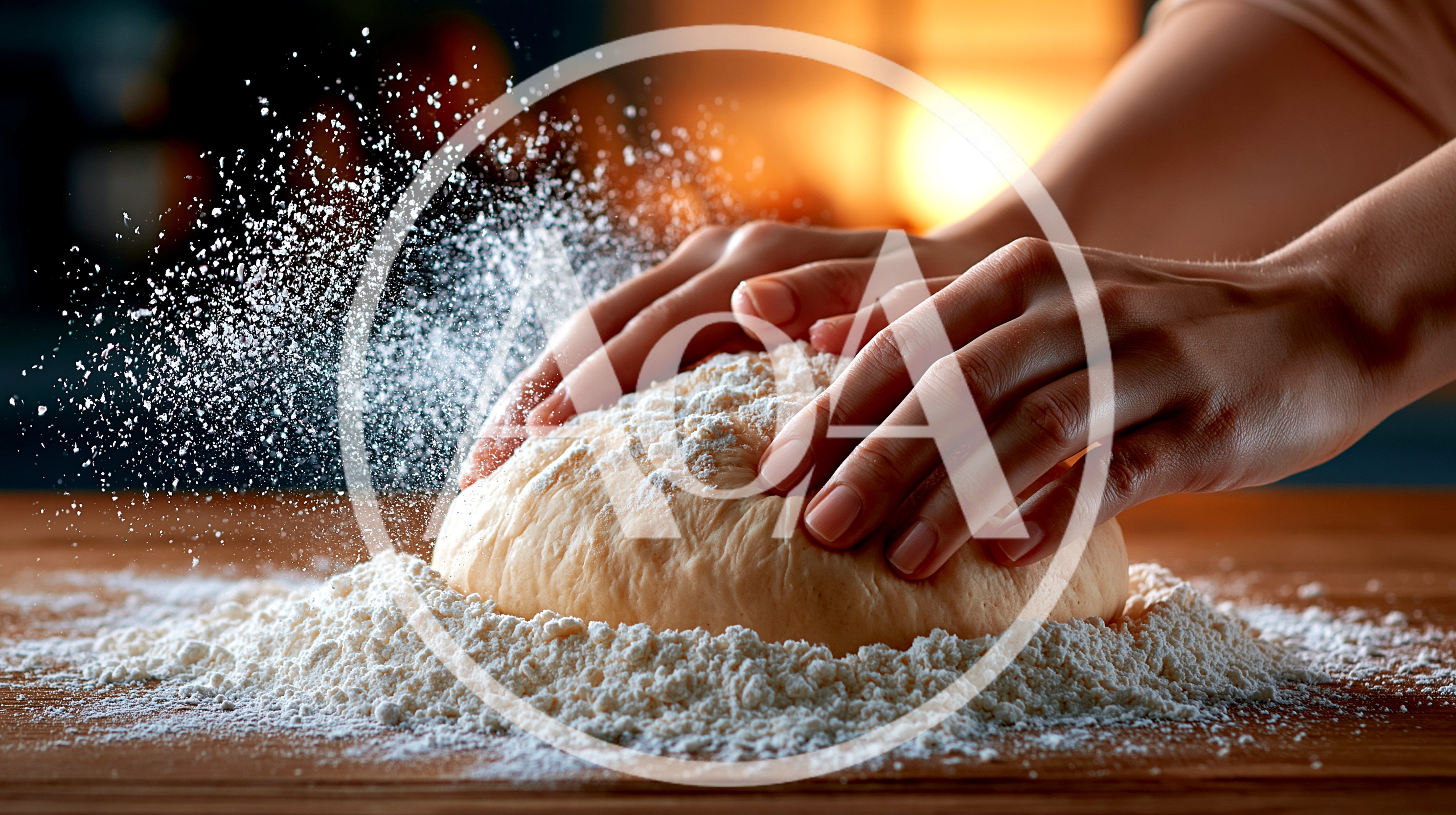 Hands Kneading Dough On A Floured Wooden Surface