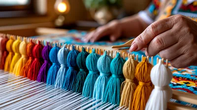 Artisan Weaving Colorful Yarn Tassels On A Loom
