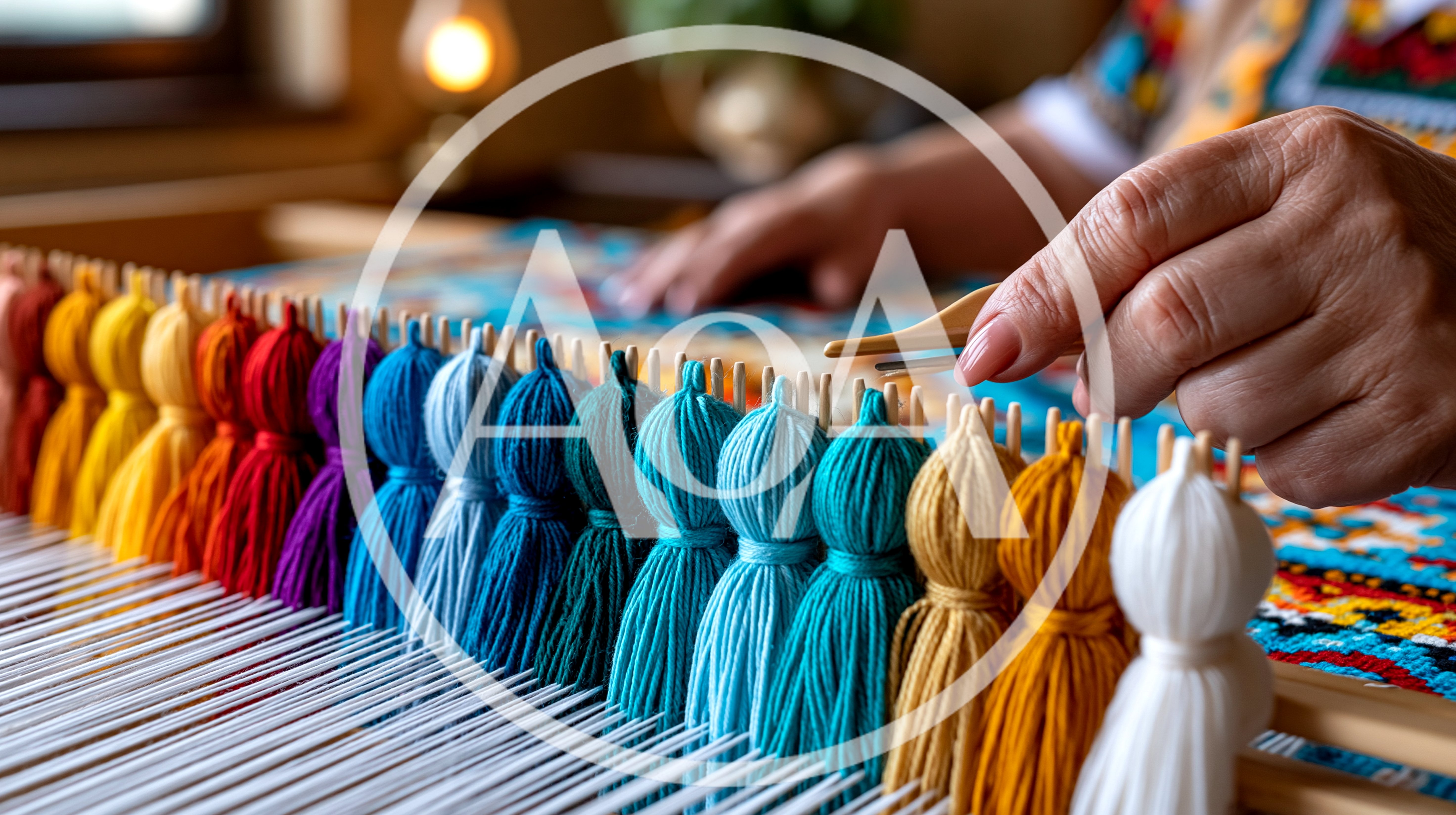 Artisan Weaving Colorful Yarn Tassels On A Loom