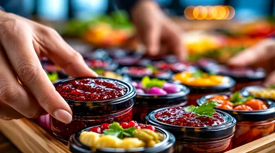 Hands Selecting Gourmet Jars Of Fruit Preserves