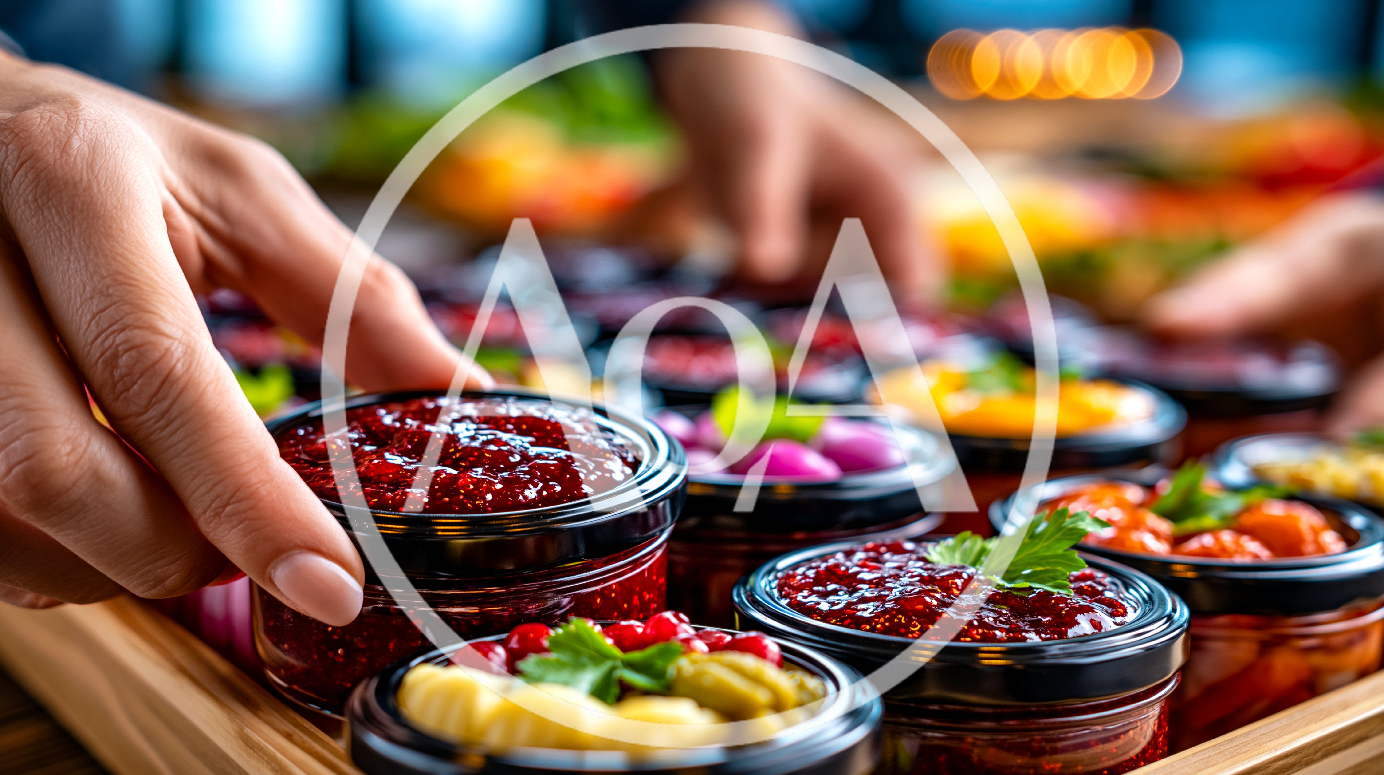 Hands Selecting Gourmet Jars Of Fruit Preserves