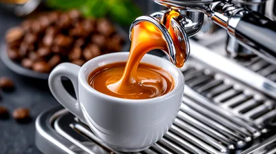 Espresso Pouring Into A White Ceramic Cup