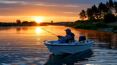 Man Fishing From A Small Boat At Sunset
