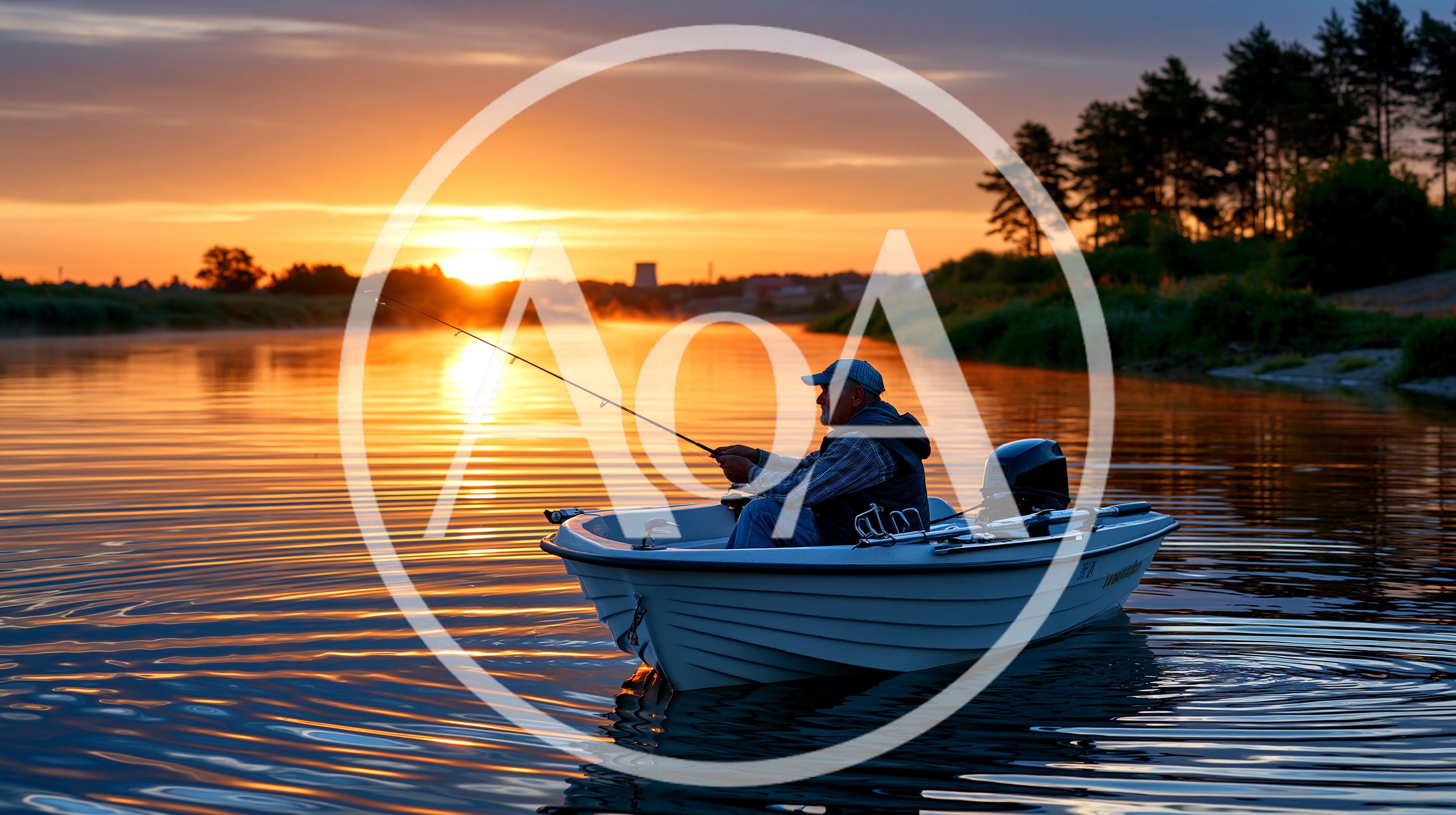 Man Fishing From A Small Boat At Sunset