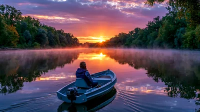 Person Fishing From A Small Boat At Sunrise