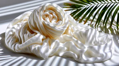 White Silk Fabric Swirl With Palm Leaf Shadow
