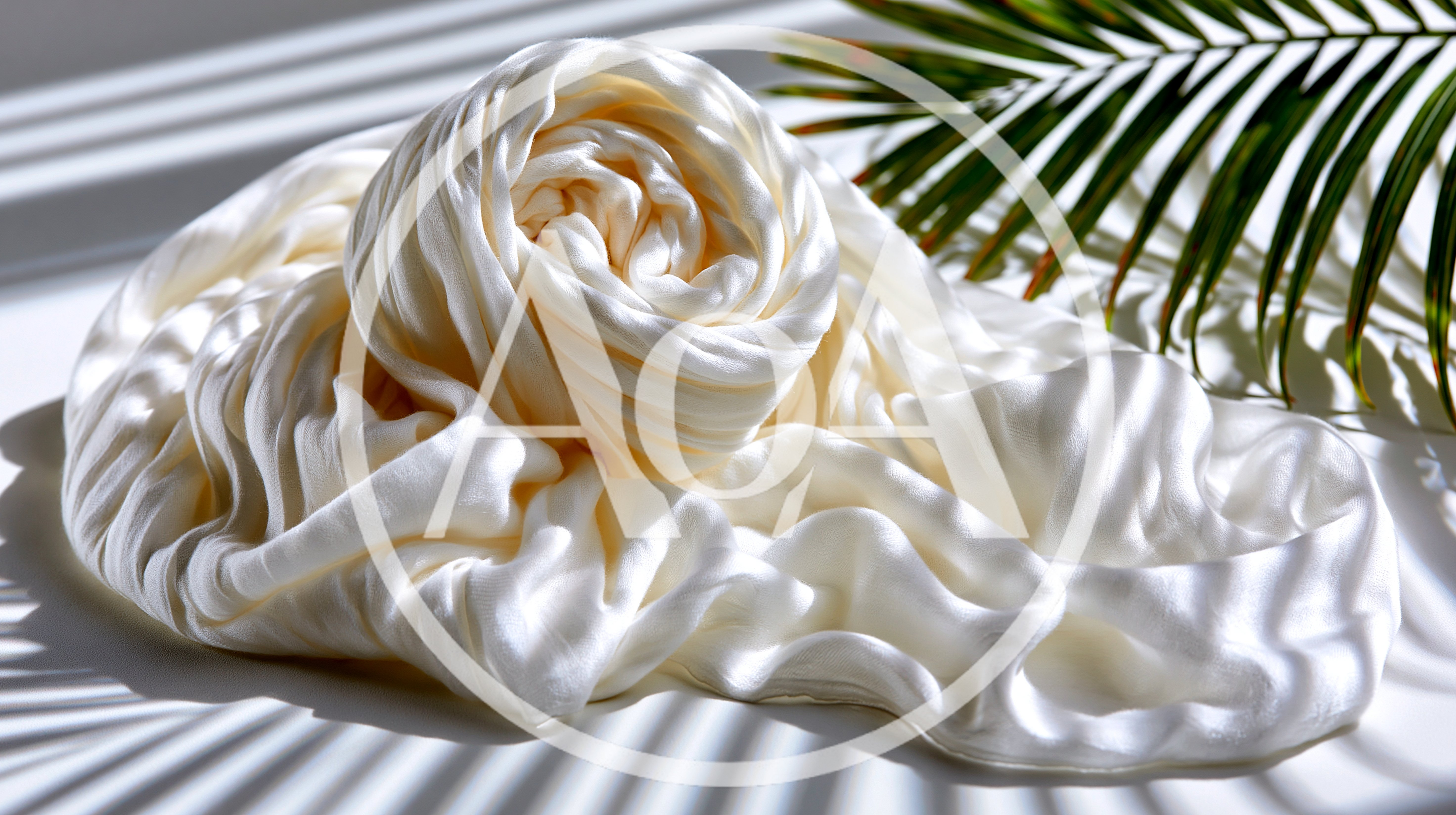 White Silk Fabric Swirl With Palm Leaf Shadow