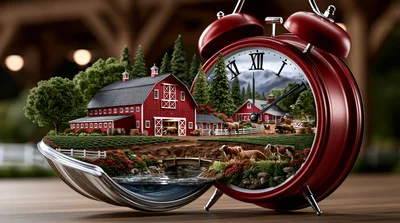 Surreal Farm Landscape Inside A Red Alarm Clock