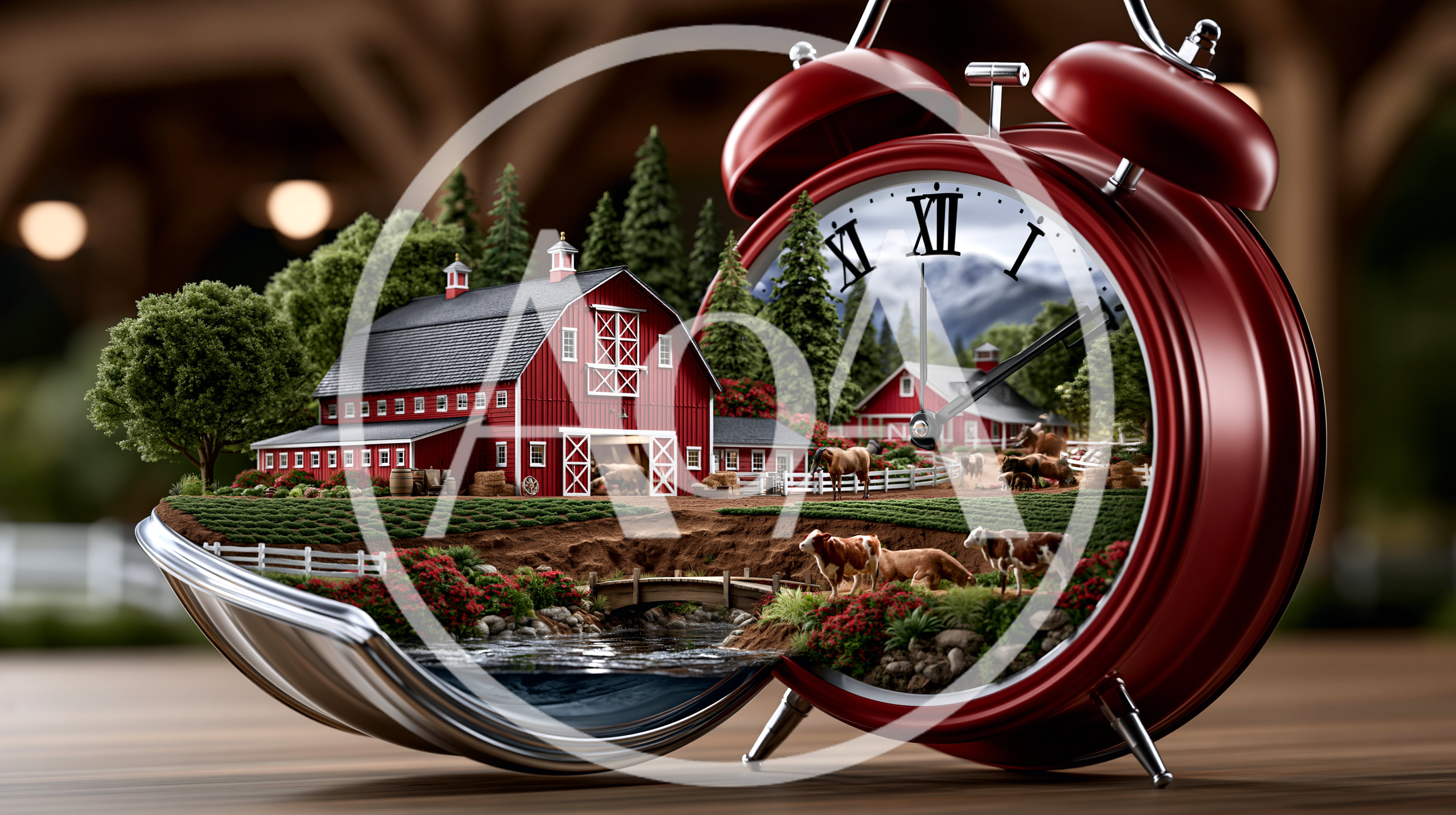 Surreal Farm Landscape Inside A Red Alarm Clock