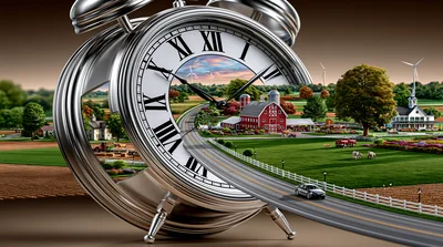 Surreal Alarm Clock Merging With Rural Farm Landscape