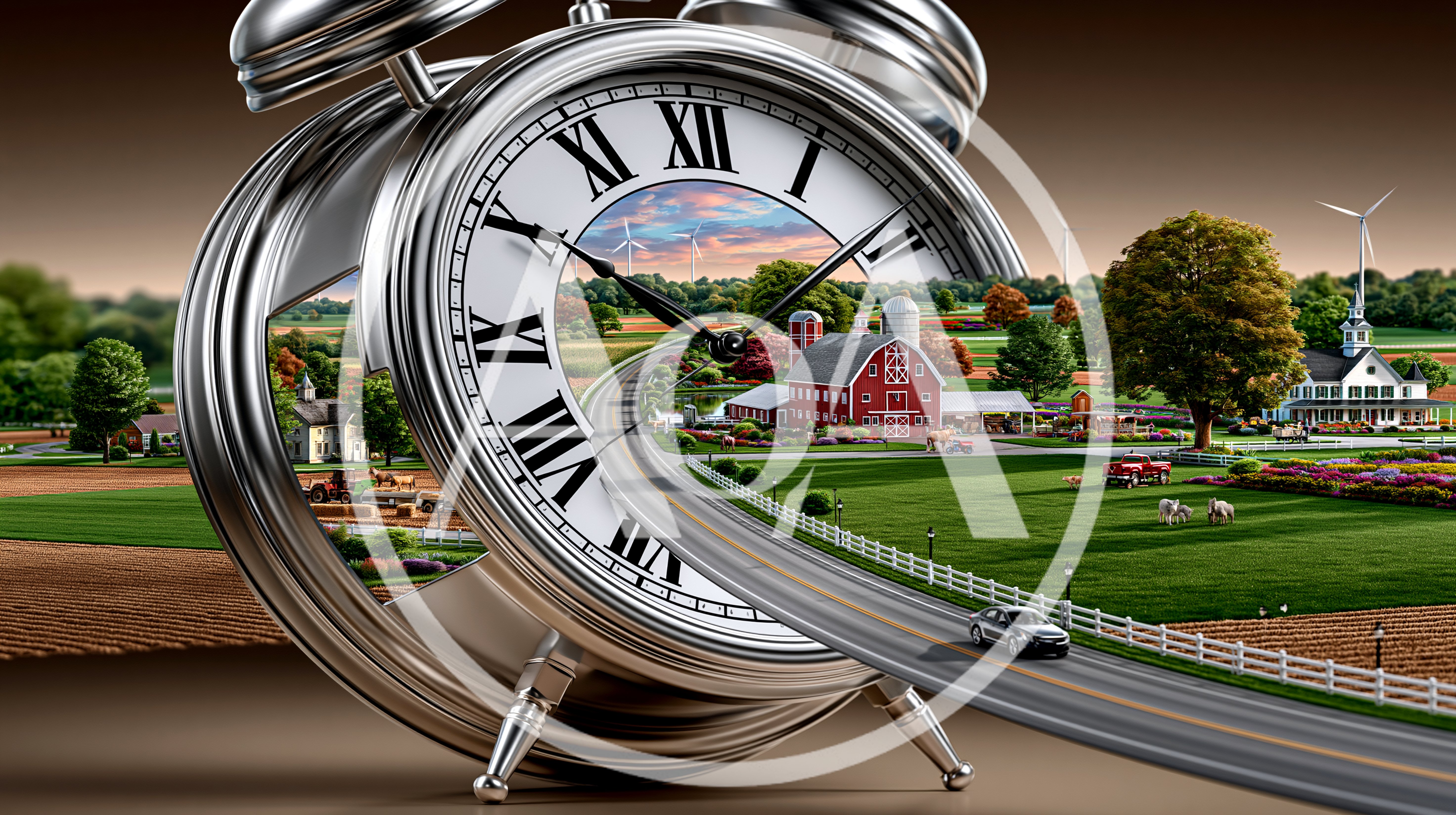 Surreal Alarm Clock Merging With Rural Farm Landscape