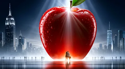 Giant Red Apple Overlooking A Futuristic New York City