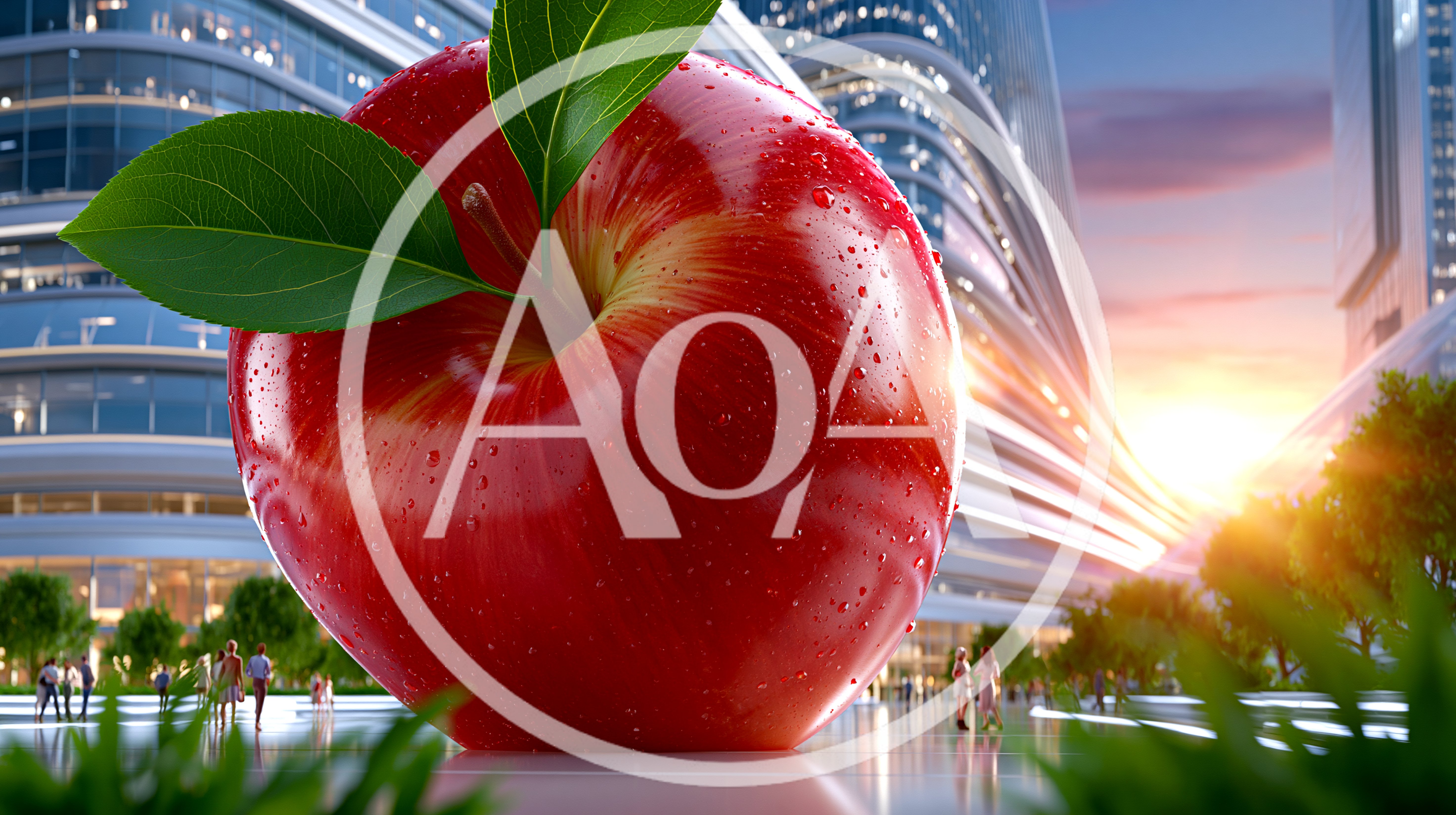 Giant Red Apple Sculpture in Modern City Plaza
