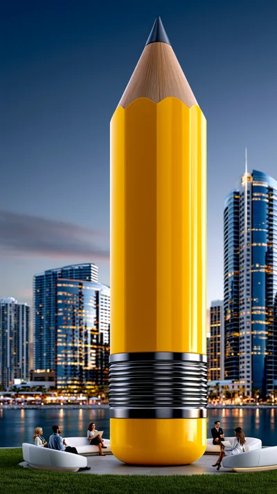 Giant Pencil Sculpture in Modern City Waterfront Park