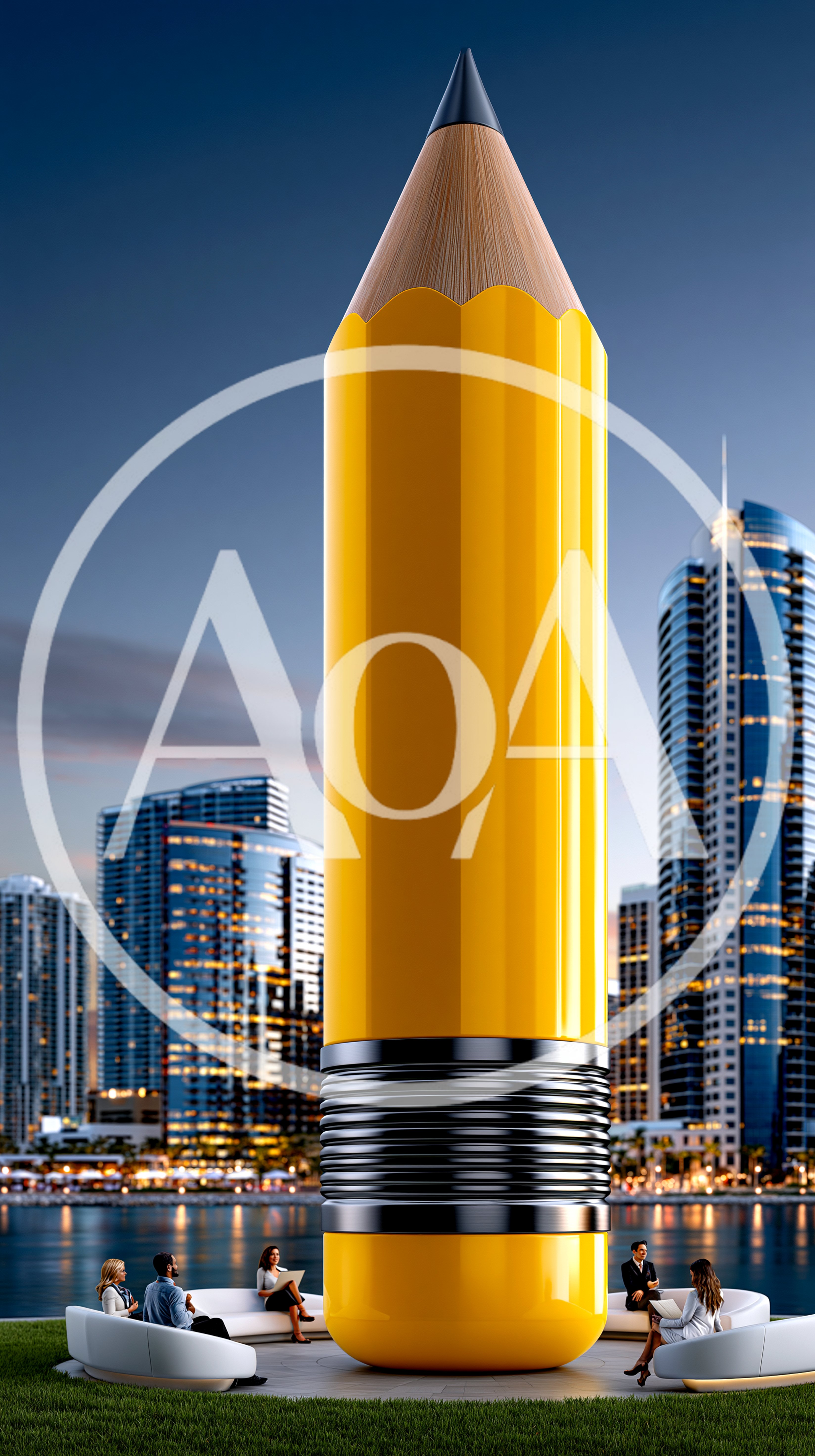 Giant Pencil Sculpture in Modern City Waterfront Park
