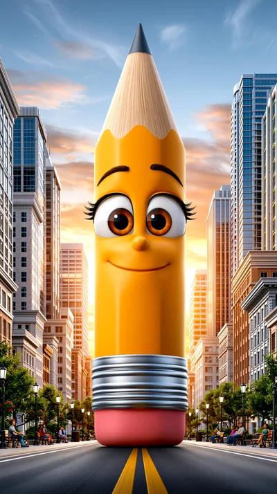 Giant Anthropomorphic Pencil Character Standing In City Street