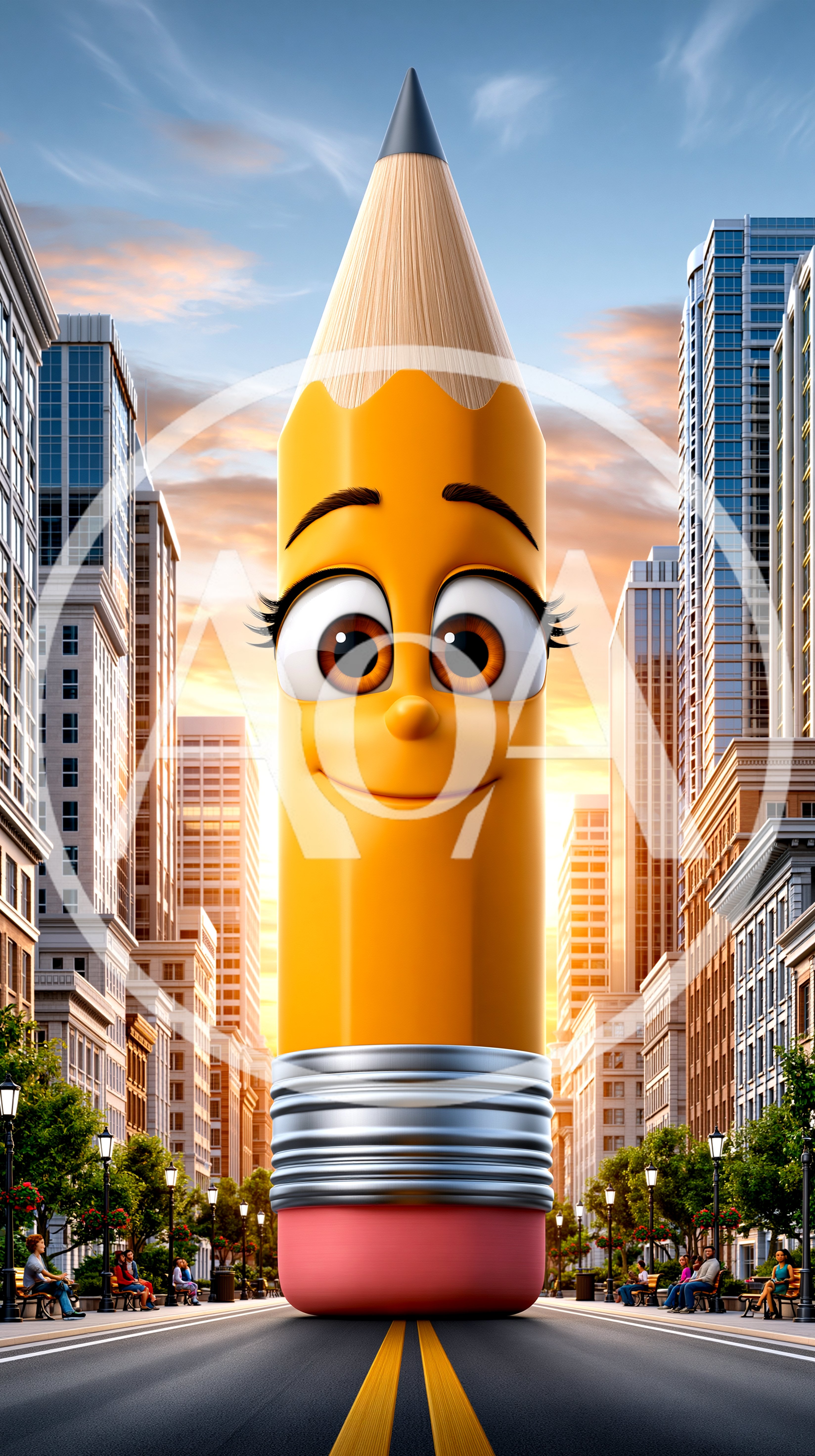 Giant Anthropomorphic Pencil Character Standing In City Street