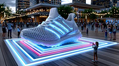 Giant Glowing Adidas Ultraboost Sneaker Display In Public Plaza