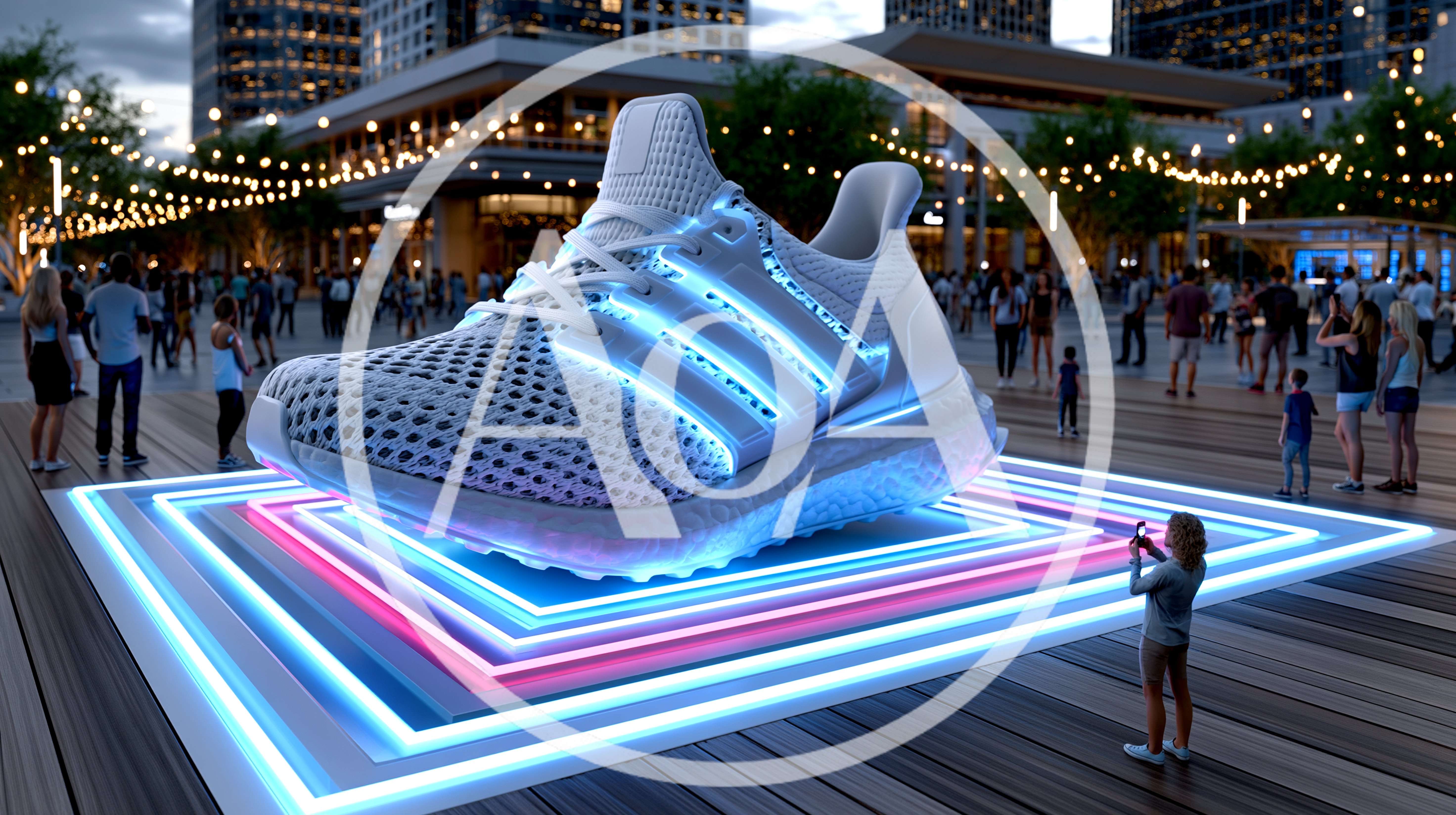 Giant Glowing Adidas Ultraboost Sneaker Display In Public Plaza