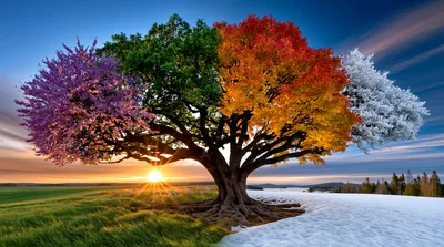 Surreal Four Seasons Tree In A Single Landscape