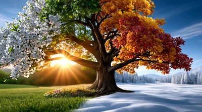 Surreal Four Seasons Tree In A Single Landscape