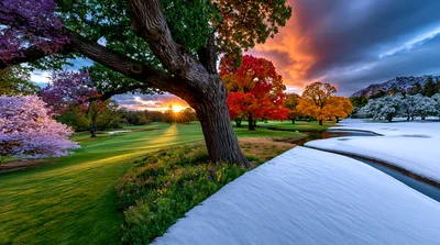 Surreal Four Seasons Landscape Composite With Sunset