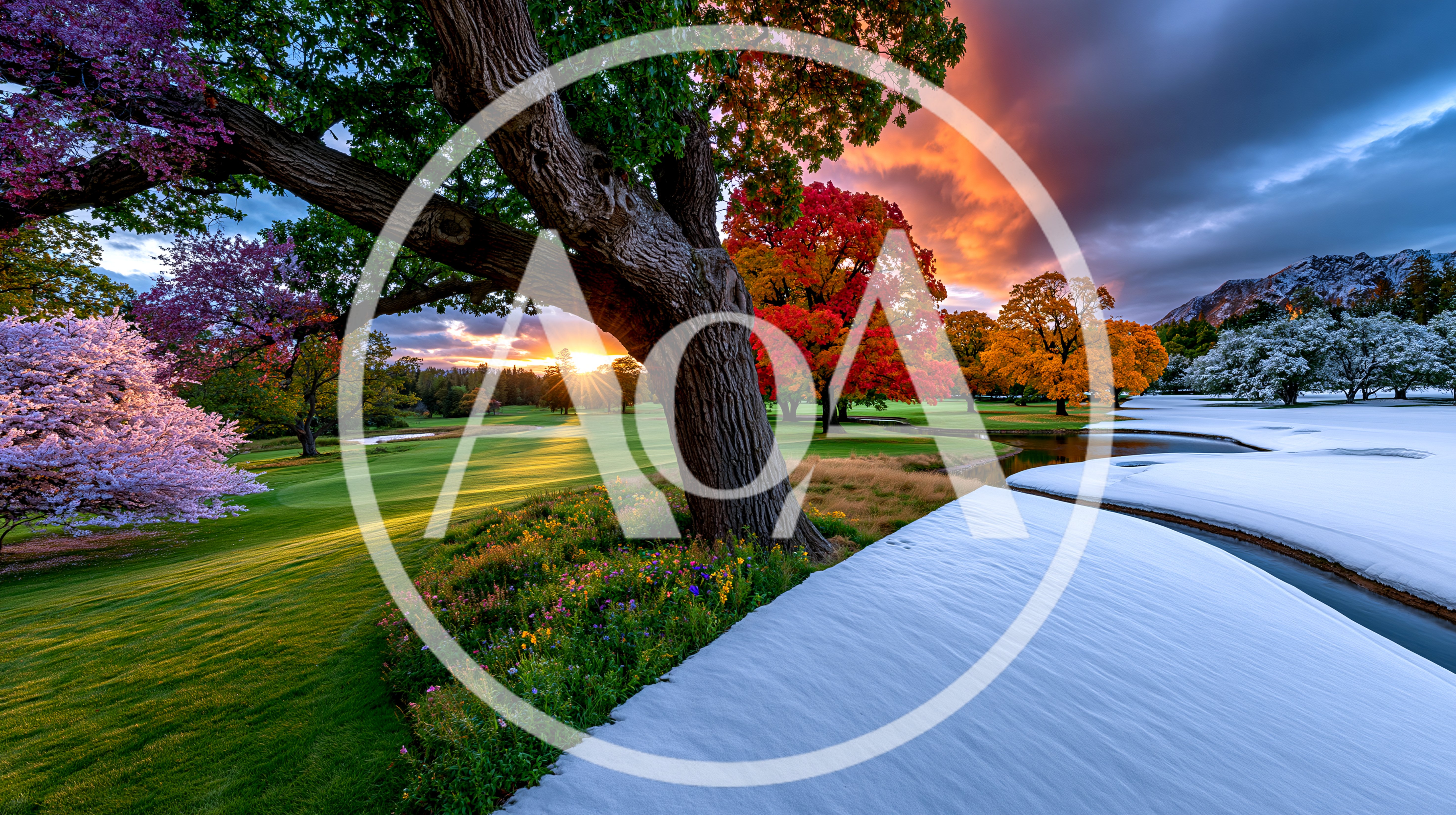 Surreal Four Seasons Landscape Composite With Sunset