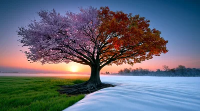 Surreal Tree Representing Four Seasons In One Landscape