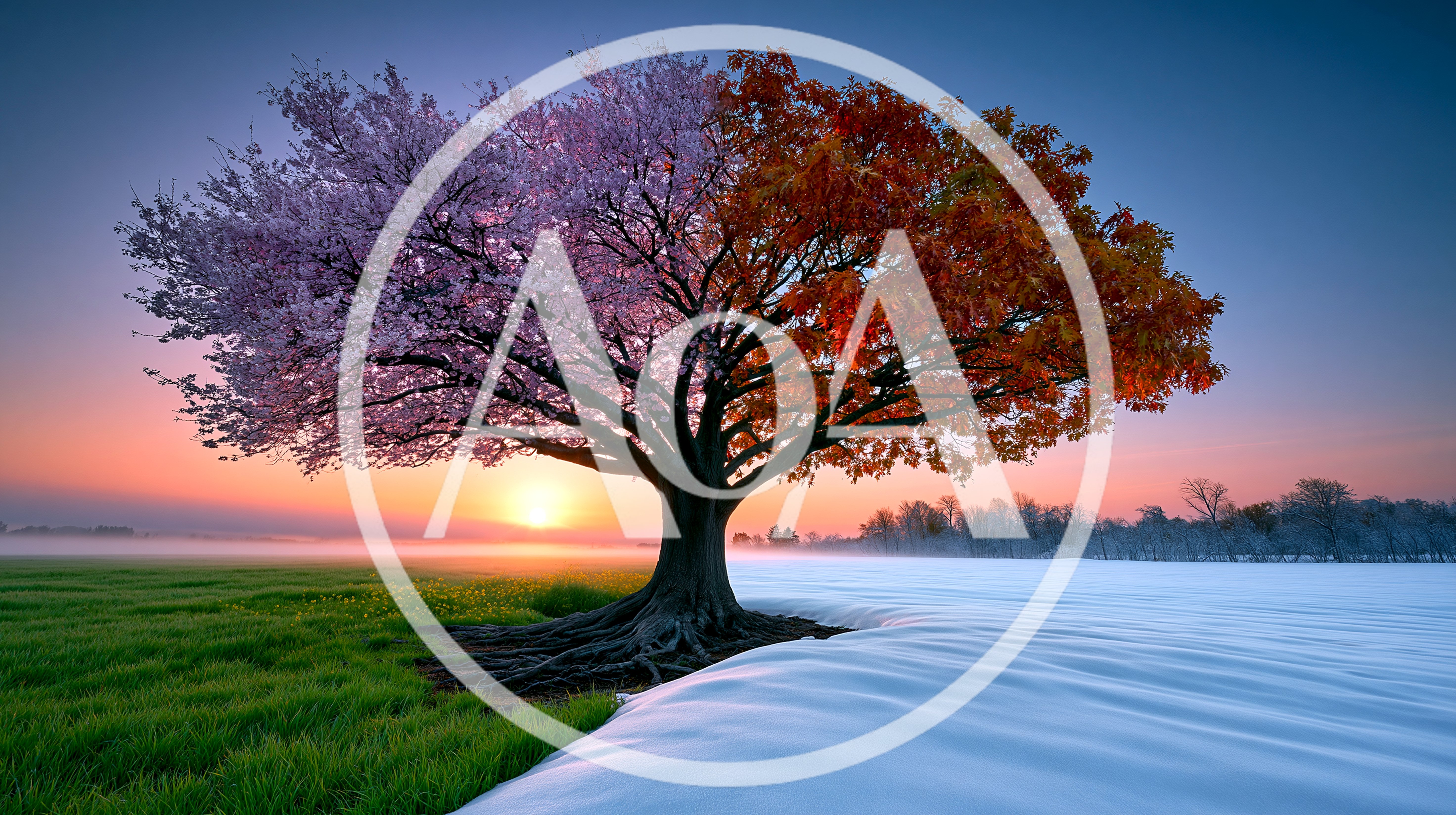 Surreal Tree Representing Four Seasons In One Landscape