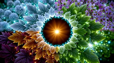 Abstract Seasonal Mandala With Glowing Leaves And Flowers