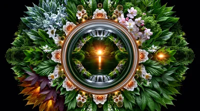 Circular Floral Mandala With Central Sunset Lake Reflection