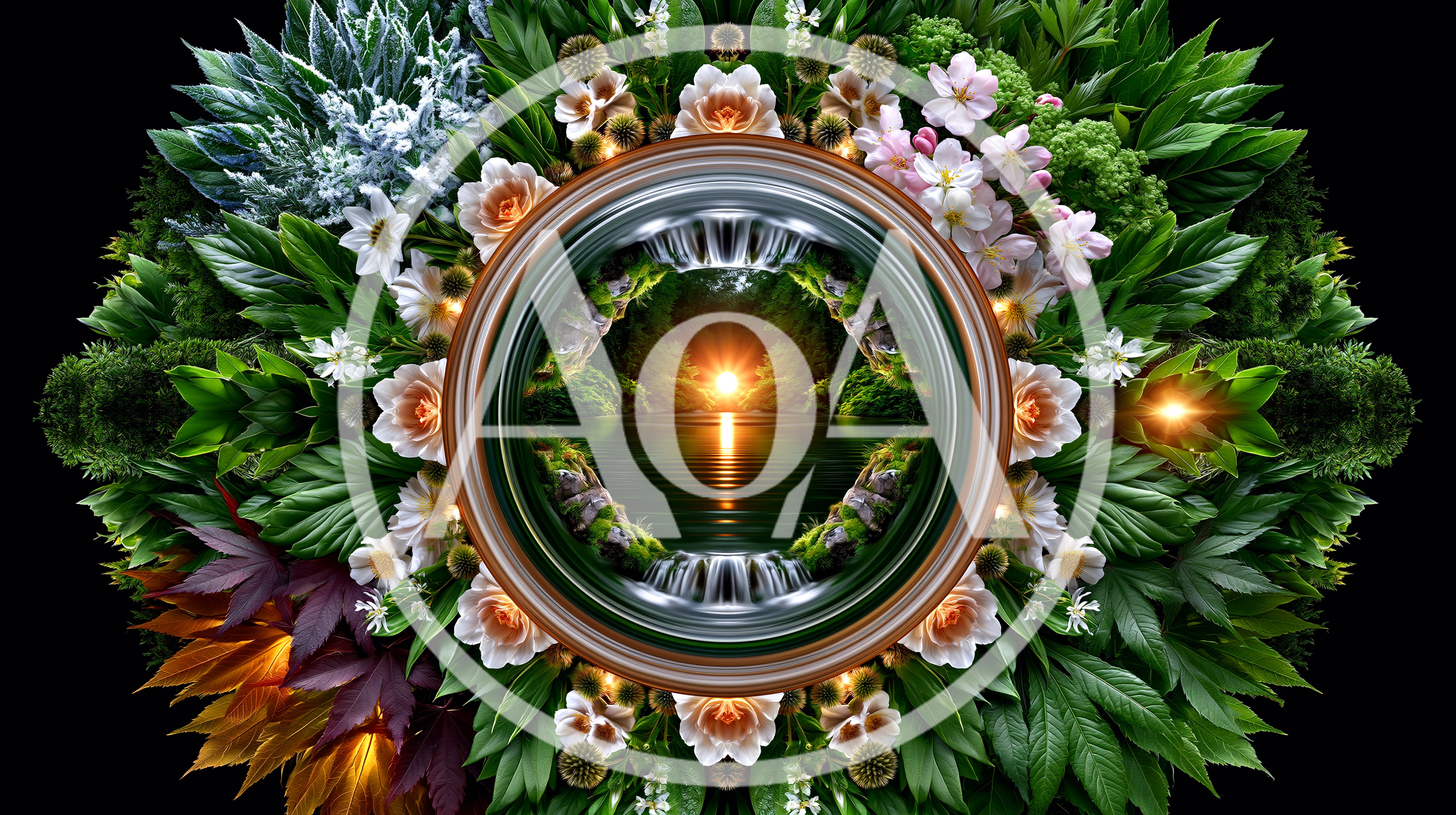 Circular Floral Mandala With Central Sunset Lake Reflection