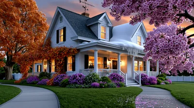 Surreal House With Seasonal Contrasts In One Yard
