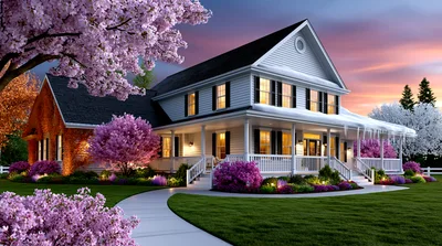 Beautiful Two Story House With Spring Blossoms