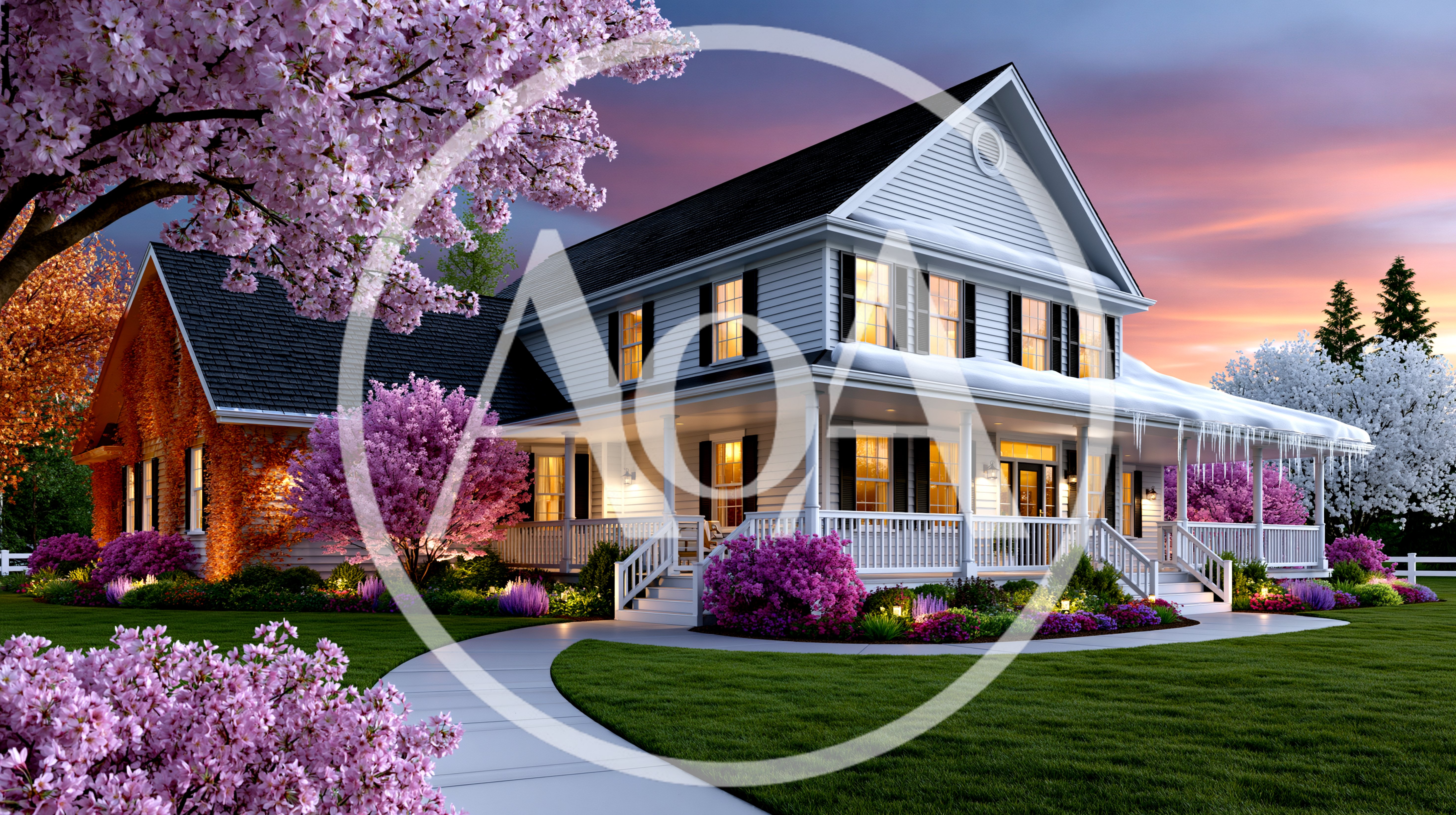 Beautiful Two Story House With Spring Blossoms
